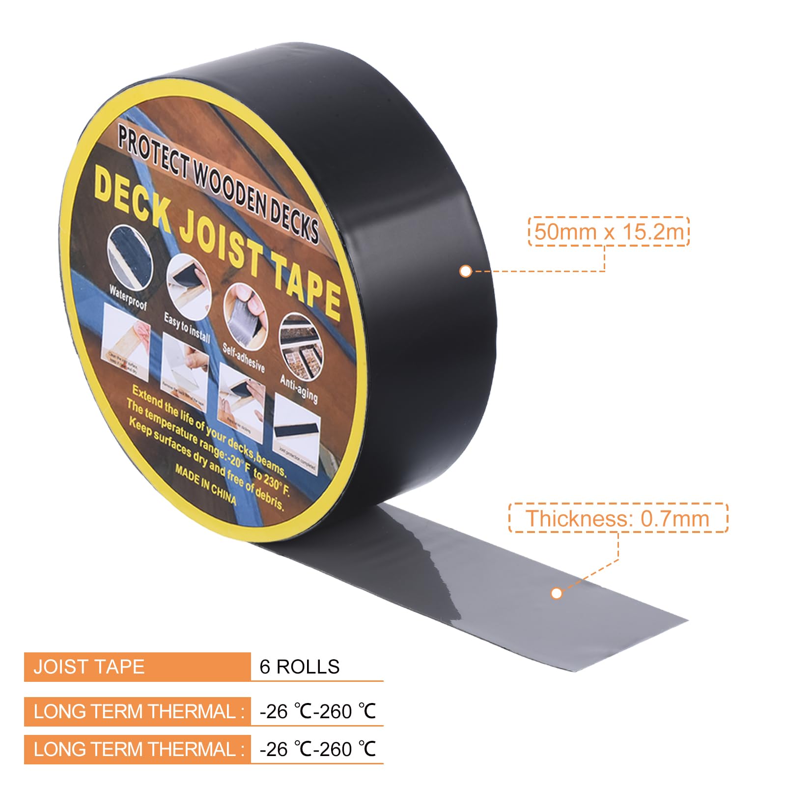 sourcing map Lot de 6 rouleaux de ruban adhésif pour solive de terrasse, 5,1 cm x 15,2 m, ruban adhésif clignotant pour protection de poutres de solive de terrasse, noir