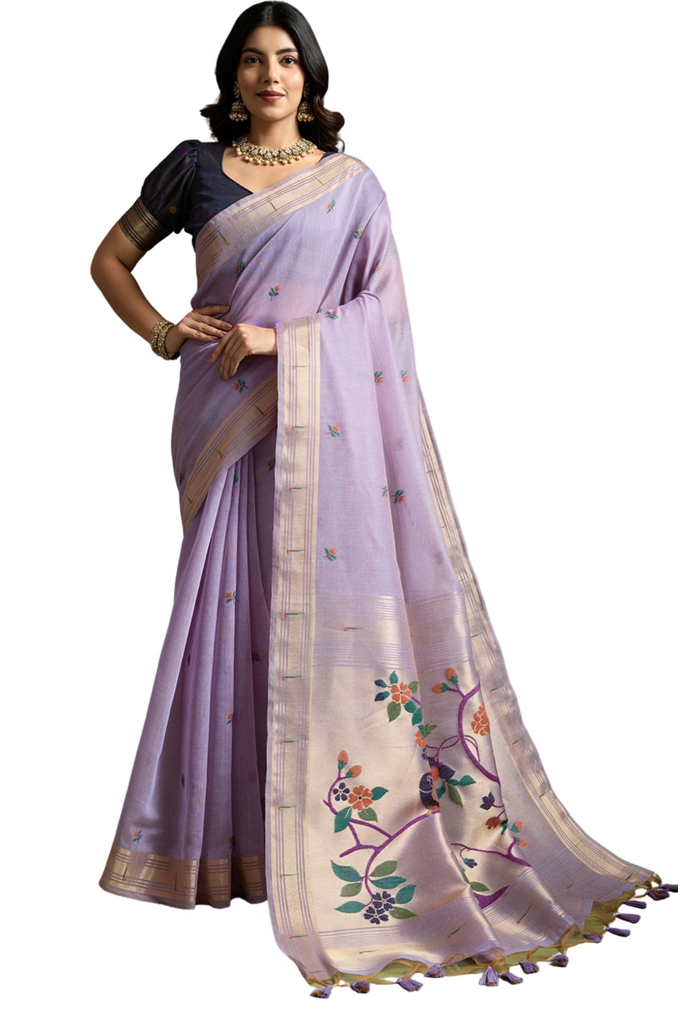 Women's Kanjivaram Pure Cotton Linen Soft Silk Saree With Unstitched Blouse Piece-image-33