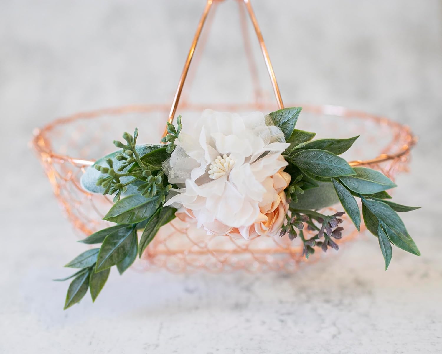 Penny Copper Flower Girl Basket - Rose Gold Wire - Gift - Ivory and Artificial Greenery Decorated by Ragga Wedding