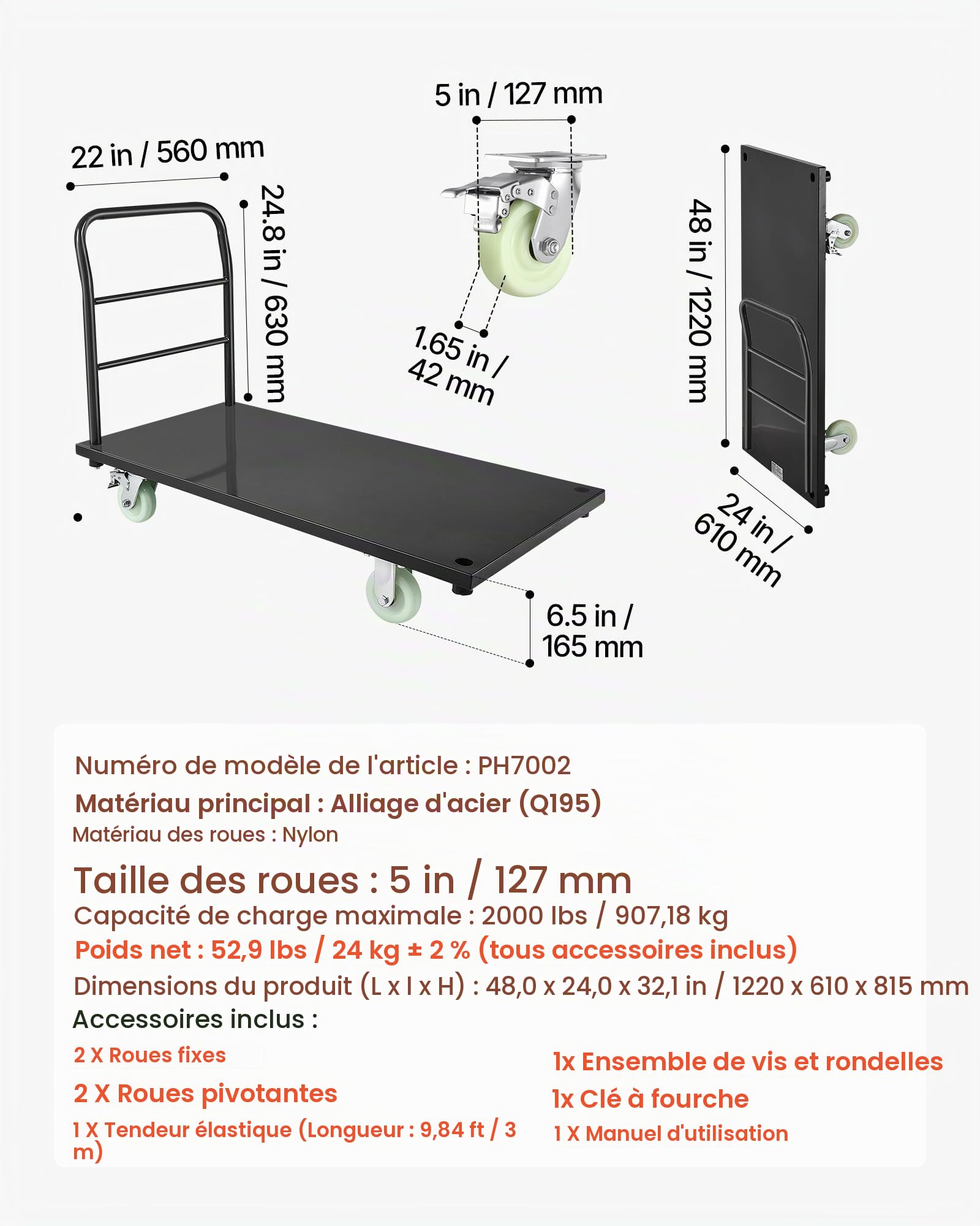 VEVOR Chariot à Plateforme Robuste Capacité de Charge 907 kg Chariot à Plateau 122x61 cm pour Manutention, Transport dans Usines, Entrepôts, Ateliers, en Acier Allié, avec Roues Pivotantes et Poignée