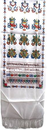Tibetan White Prayer Scarf Katas with 8 Symbol 8 Auspicious Signs