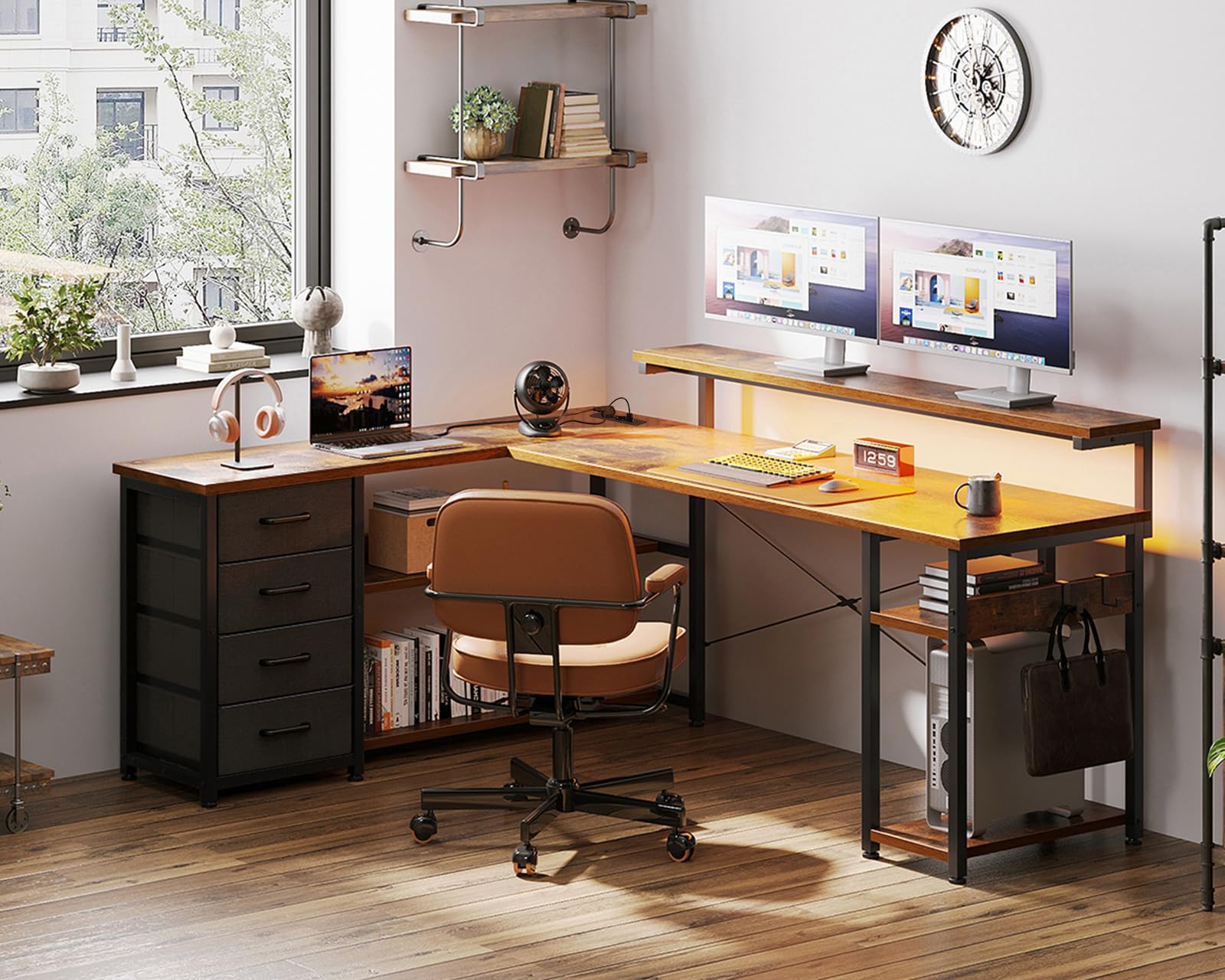 ODK Schreibtisch mit Schubladen, 155×110cm Reversible Eckschreibtisch mit 2 Steckdosen und 2 USB Ladeanschluss, Bürotisch L Form mit LED für Home Office, Vintage-braun