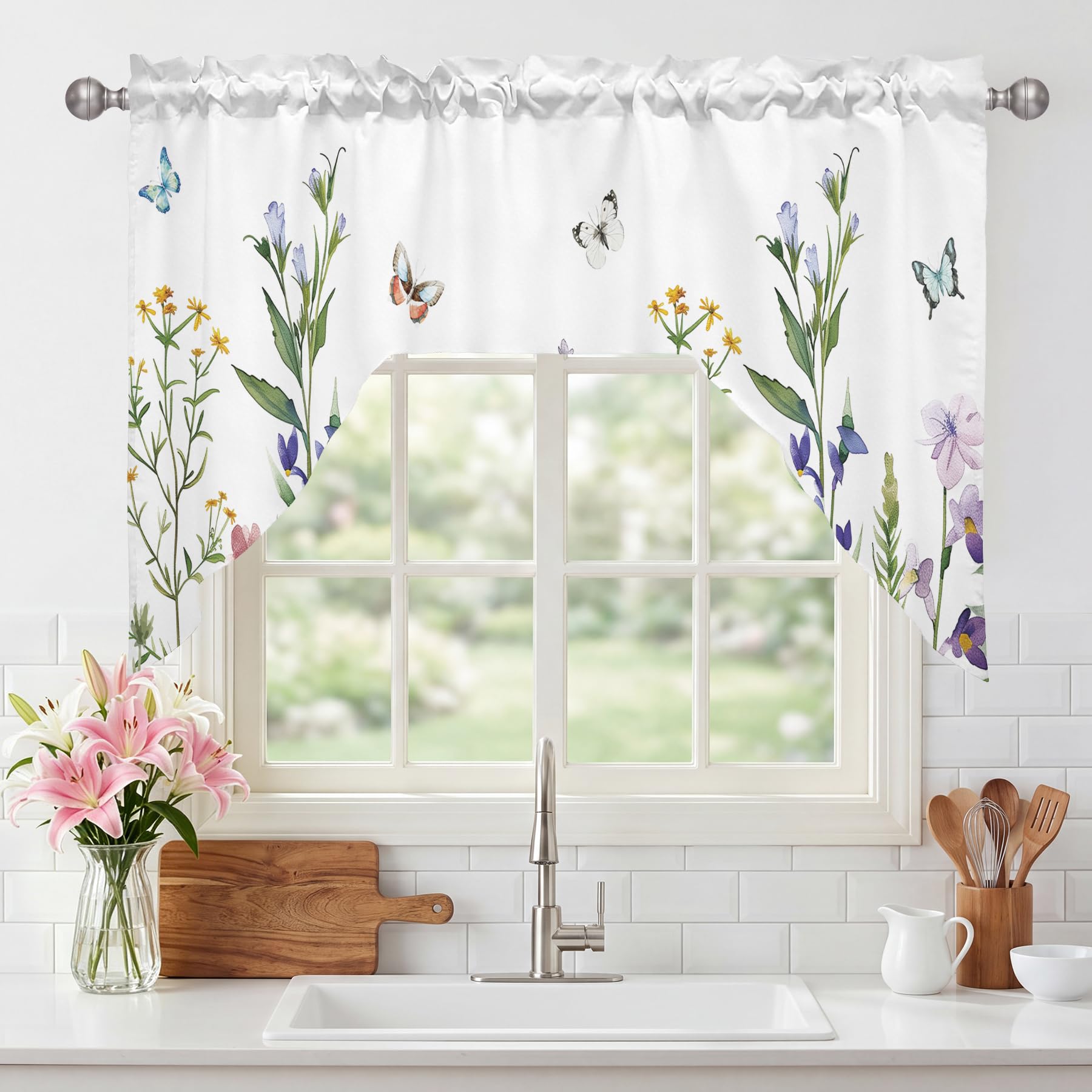 Spring Wildflower Flower Window Valance Swag, Kitchen Curtains 36x56 in
