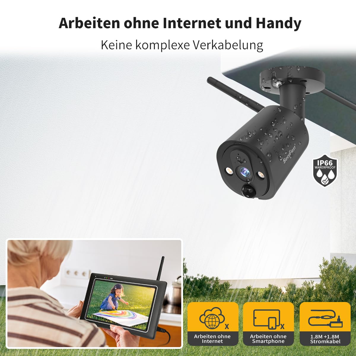 SecuFirst Kit de caméra de Surveillance extérieure avec Moniteur intérieur | écran tactile 7 pouces avec mémoire extensible jusqu'à 2 To, fonctionne sans Wi-Fi, caméra extérieure 2K, 32 Go