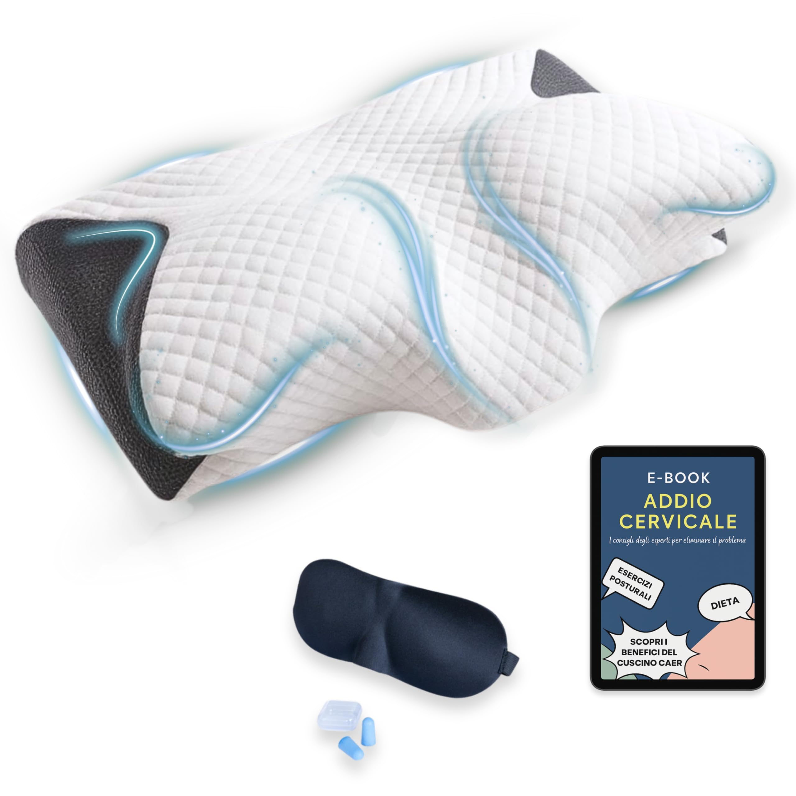 CAER Neck Pillow for Side and Back Sleep - Orthopaedic Memory Foam, Measures 60 x 36 cm with Double Height, Neck and Shoulder Support, Washable Cover