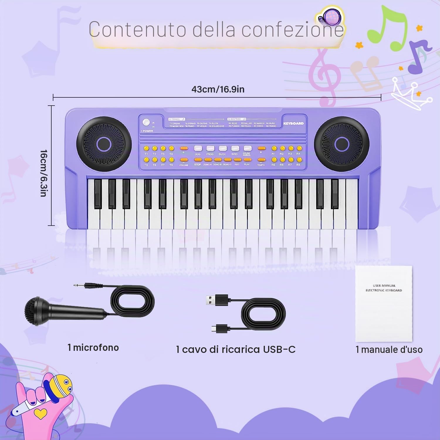 Pianoforte Tastiera Giocattolo per Piccoli - Pianoforte Elettrico 37 Tasti con Microfono - Giocattoli per Bambine Bambini di 3 4 5 6 7 Anni - Regali di Compleanno e Natale (Viola)