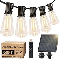 Vista 10 de 100 pies de luces de cadena solar para exteriores con control remoto, luces LED recargables por USB para patio con 52 bombillas ST38 Edison