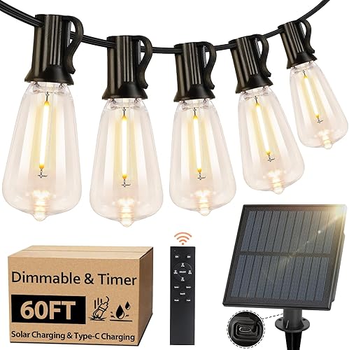 Miniatura 10 de 100 pies de luces de cadena solar para exteriores con control remoto, luces LED recargables por USB para patio con 52 bombillas ST38 Edison