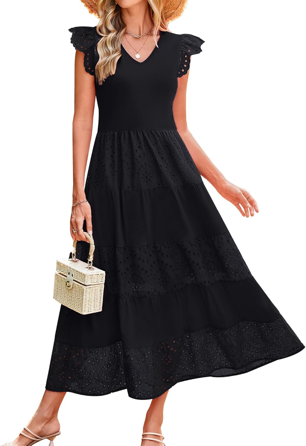 grace karin women’s summer maxi dress — casual v-neck ruffle sleeve lace eyelet tiered a line flowy sundress with pockets (black, x-large)