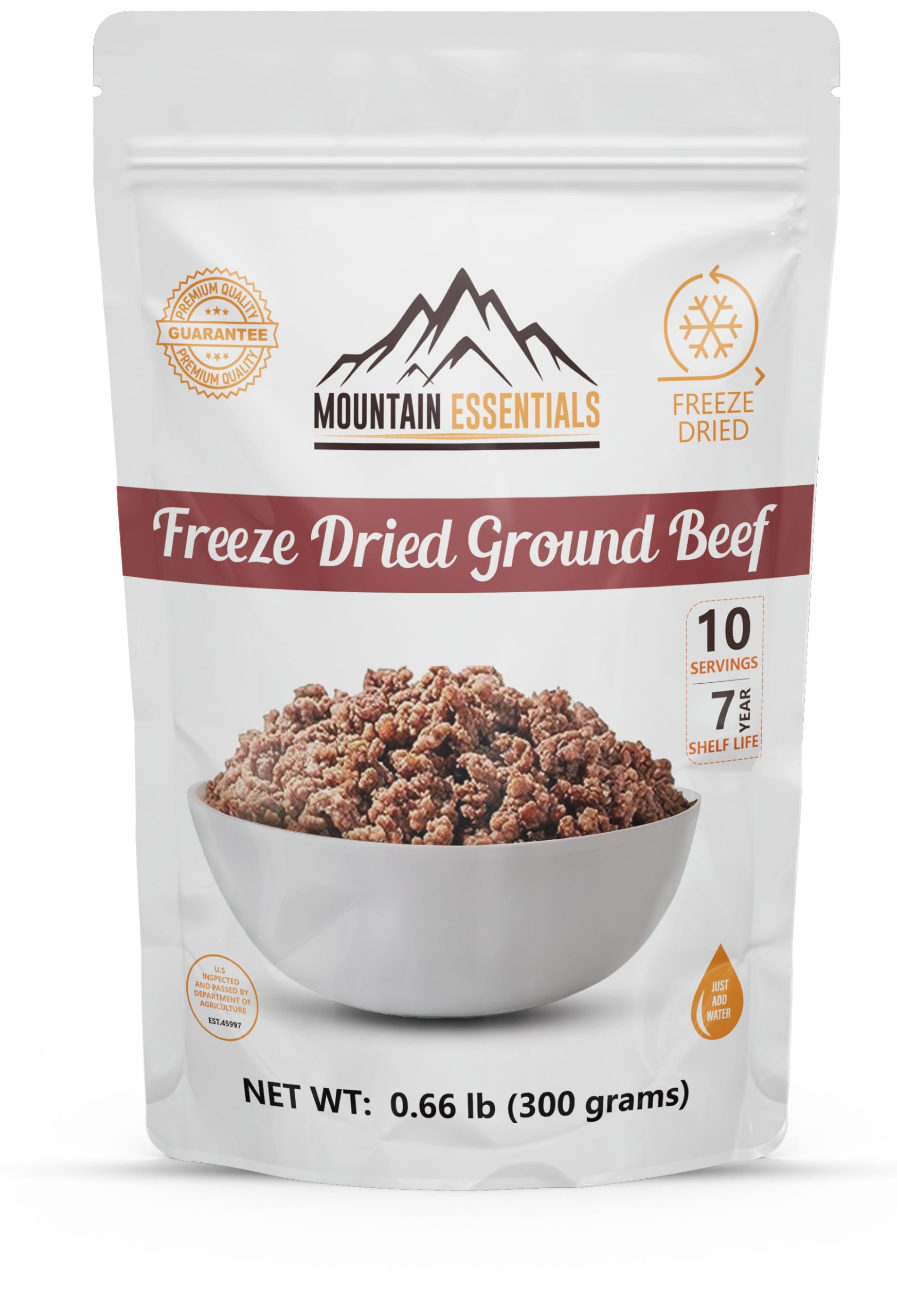 MOUNTAIN ESSENTIALS Freeze-Dried Ground Beef – Pre-Cooked and Ready-to-Eat Hamburger Meat | Everyday Meal Prep, Emergency Food Supply, Camping and Survival Food | 10 Servings per Pouch | Made in USA | 7-Year Shelf Life | Pack of 1