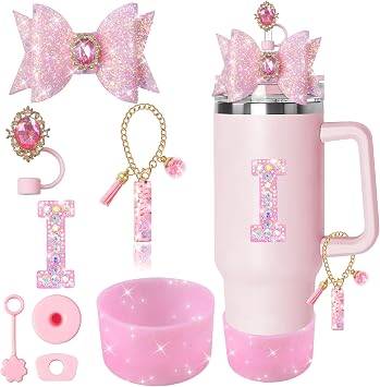 XIANGYUAN 8PCS Pink Bling Accessories Set for Stanley Cup 30oz 40oz Tumbler with Handle,Including Silicone Straw Topper Cover Cap,Spill Proof Stopper,Handle Charm for Stanley Tumbler Pink I