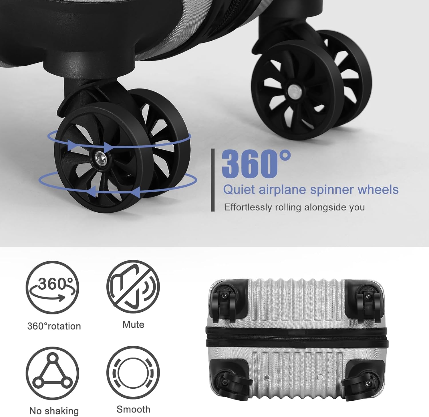 2-Piece Hardshell Luggage Set: 20-Inch Carry-On Suitcase with Spinner Wheels & 14-Inch Stackable Travel Handbag, ABS Durable Lightweight Travel Trolley Set for 1-4 Day Trips (Silver)