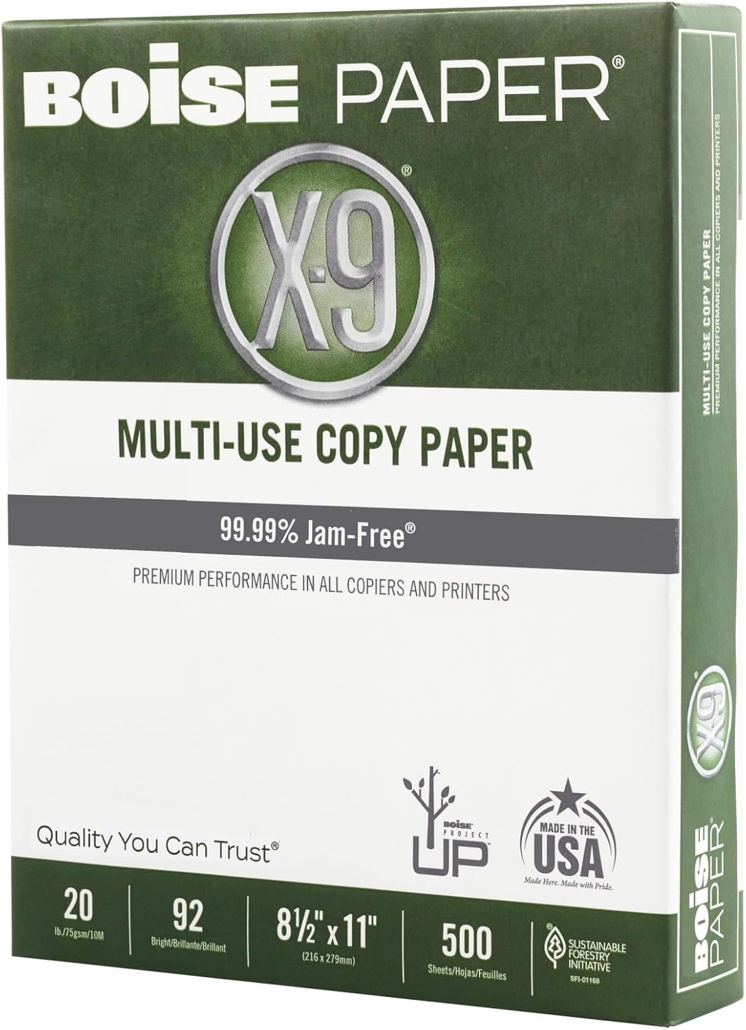 Boise X-9 Multiuse Copy Paper, Letter Size Paper, 20-Lb, Ream of 500 Sheets, Case of 5 Reams