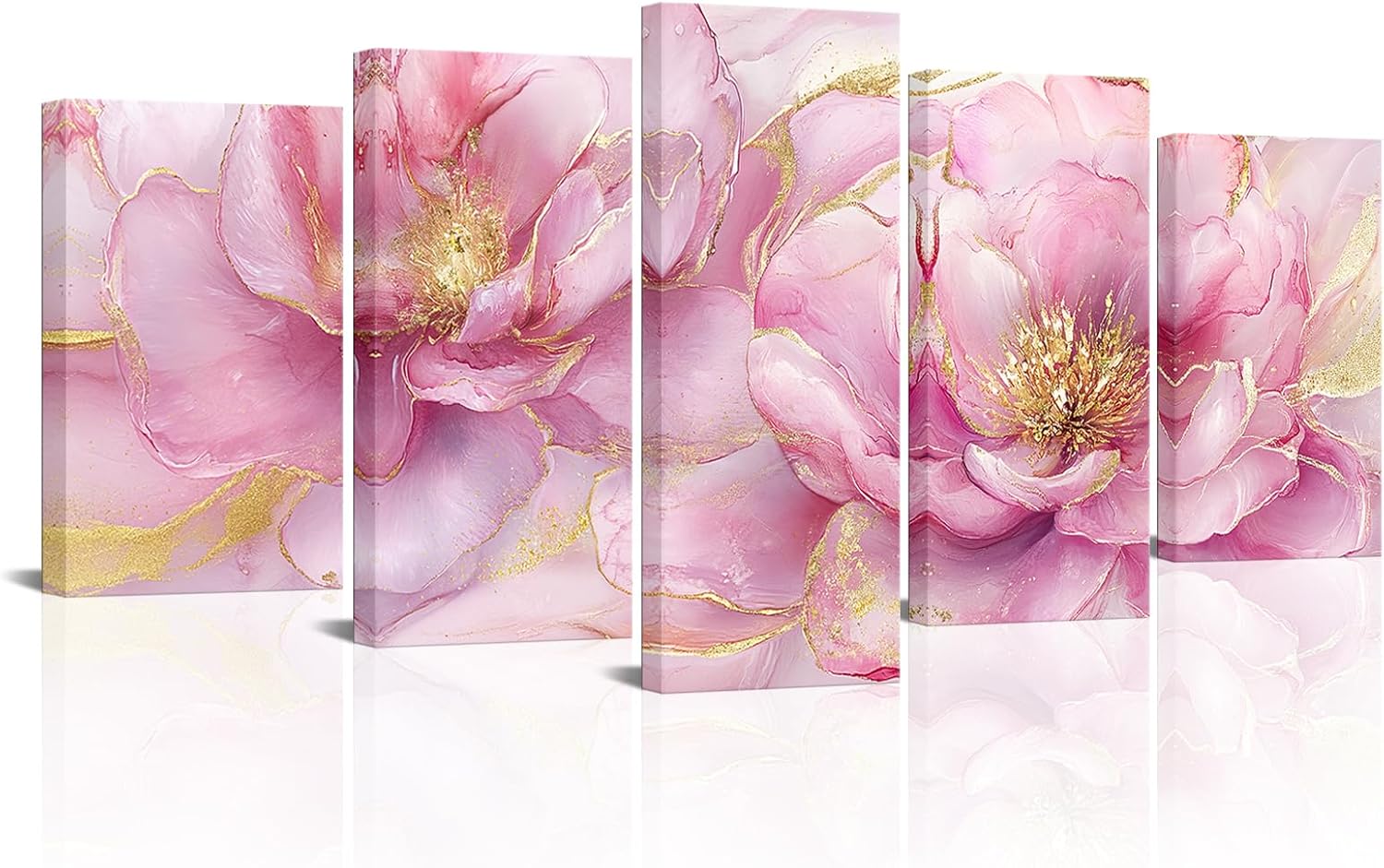 RyounoArt Pink and Gold Flower Wall Art Peony Flower Canvas Picture Painting Pink Floral Artwork for Bathroom Bedroom Wall Decor Framed Medium