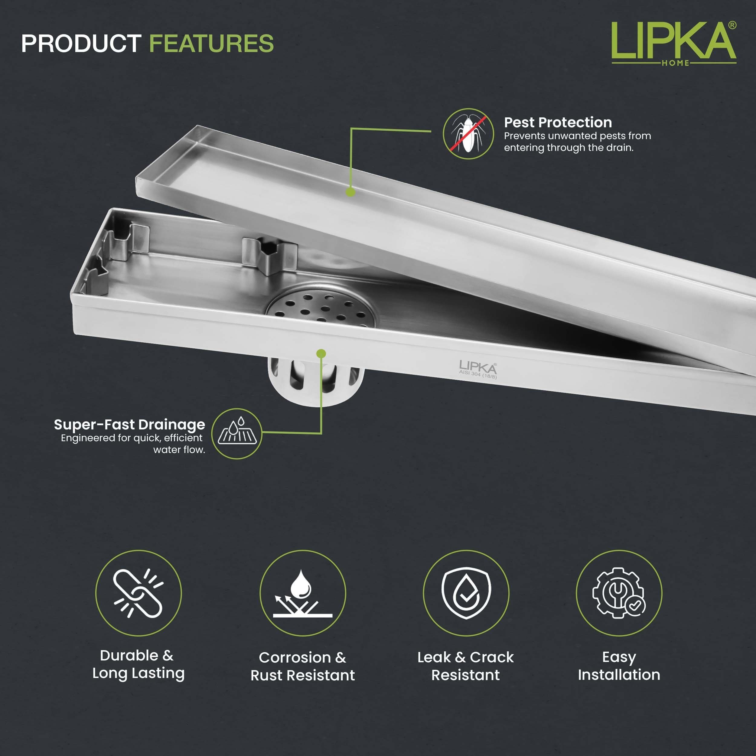 LIPKA Rectangular Tile Insert Shower Drain Channel | 18 x 3 Inches | Waste Water Floor Drain for 13mm Tile | 304 Stainless Steel | Invisible Shower Drainer Channel | Anti Cockroach Trap and Side Hole — Amazon image 3