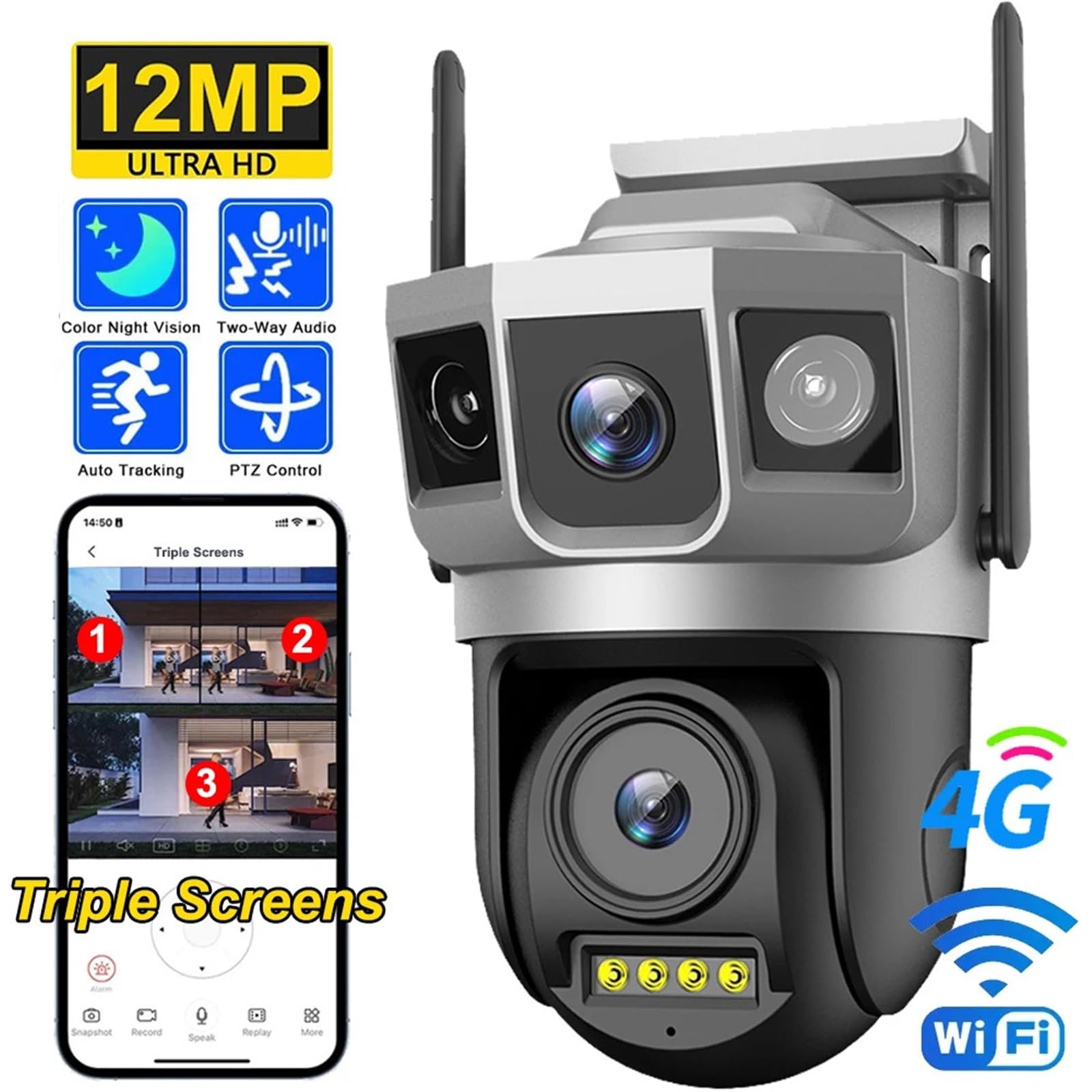 Kamera IP WiFi 4MP 6K Podwójny obiektyw Potrójny ekran Inteligentna sieć Bezprzewodowy monitor Bezpieczeństwo Ochrona CCTV Kamery domowe na magazyn handlowy(No Card)