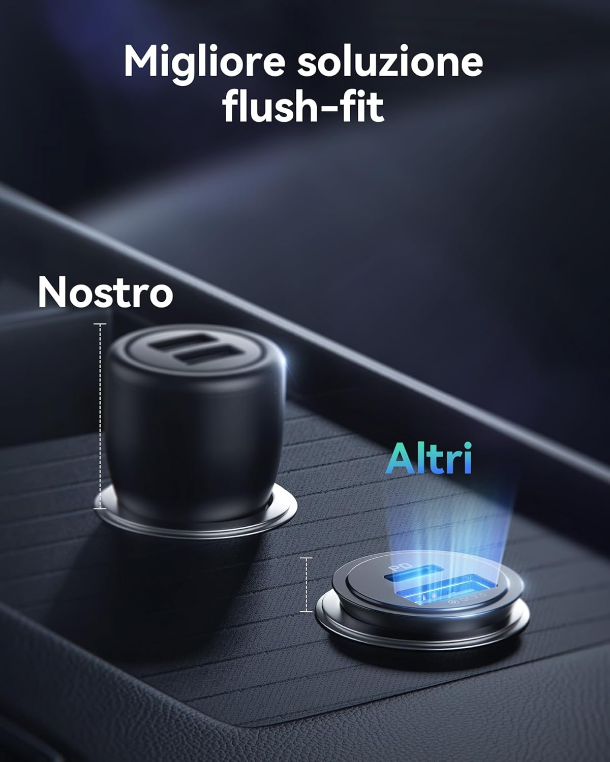 Comparison image showing the flush-fit design of the INIU car charger compared to a larger, protruding car charger.