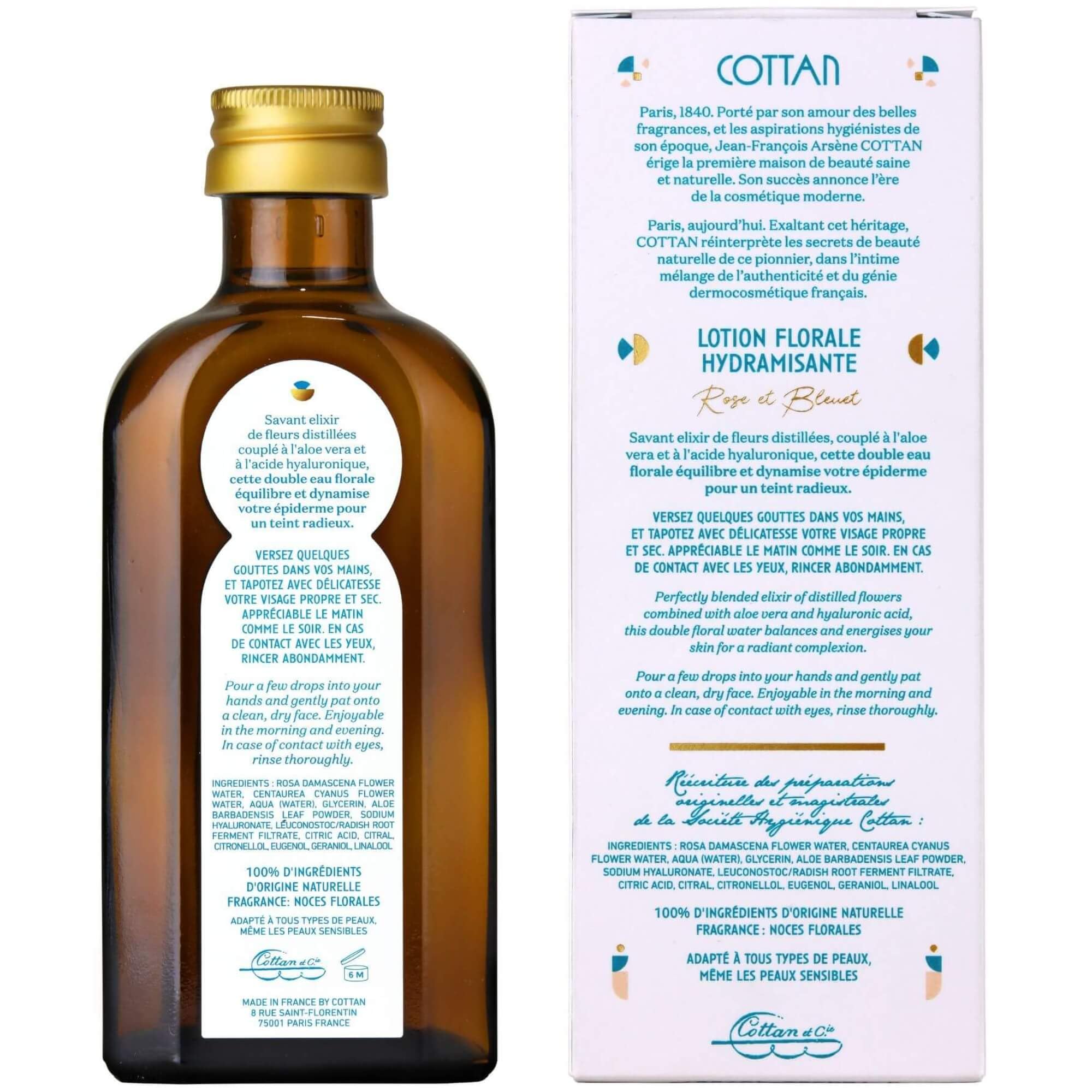 Florale Lotion COTTAN 1840 | Rosen- und Kornblumenwasser | Hergestellt in Frankreich, natürlich und vegan | Hydrolat mit Hyaluronsäure und Aloe Vera | Balance, spendet Feuchtigkeit und Energie |