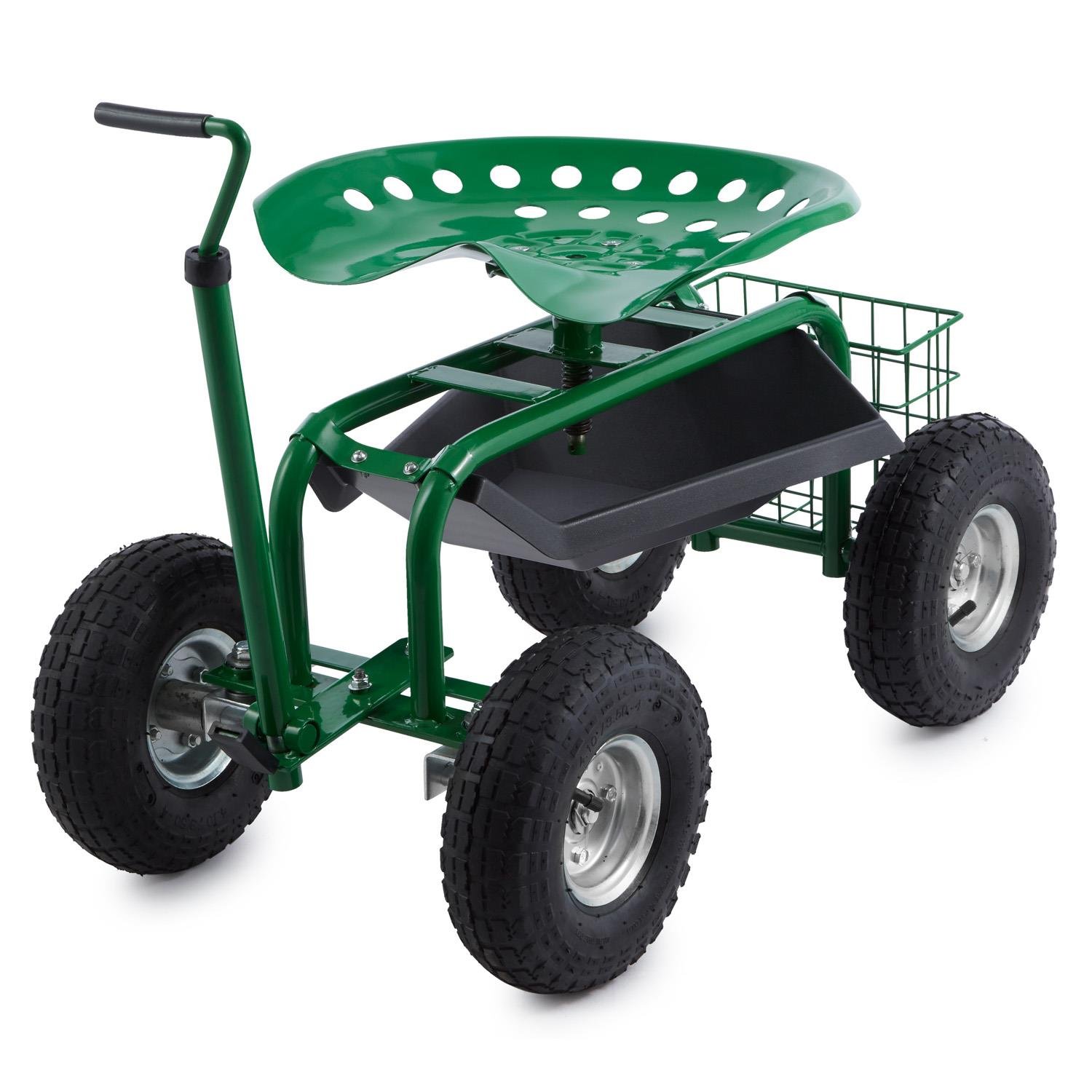 Waldbeck Park Ranger Silla de Jardín Verde (neumáticos grandes, compartimiento práctico, asiento giratorio de altura regulable, capacidad de carga hasta 130 kg)