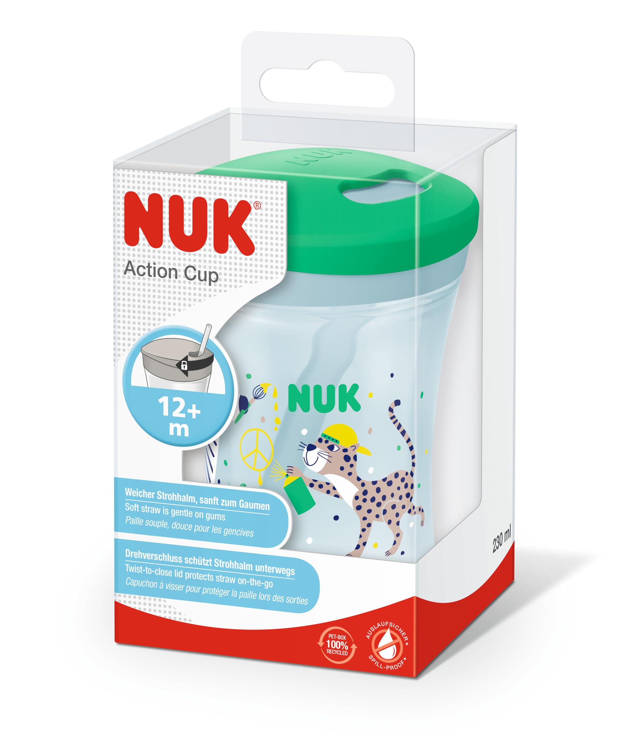 NUK Action Cup Gobelet pour enfant de 12 mois et plus, 230 ml, couvercle à visser avec paille souple, anti-fuite, sans BPA, motif léopard vert