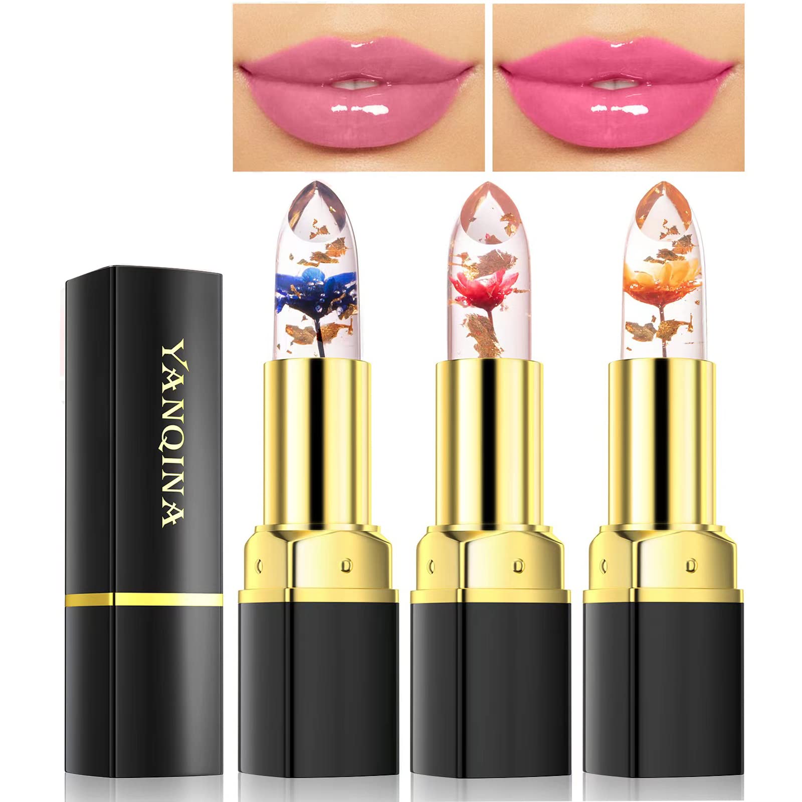 3Pcs Jelly Clear Crystal Flower Lipstick Set, Magic PH Temperature Color Changing Lipstick Lip Gloss, Natural Moisturizing Lip Balm Korean Labiales Magicos Lip Gloss Lip Tinted Stain Makeup
