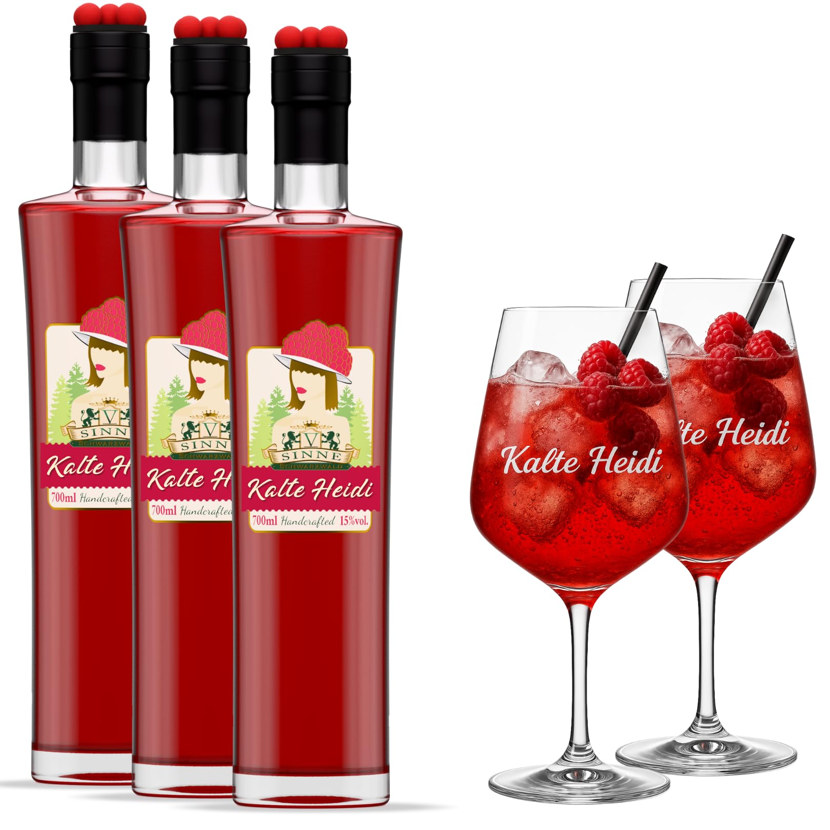 3x Kalte Heidi + 2 Weingläser Gratis - Aperitif mit Himbeeren DLG GOLD 2022 | Manufakturqualität aus dem Schwarzwald - 3x700 ml, 15% vol.