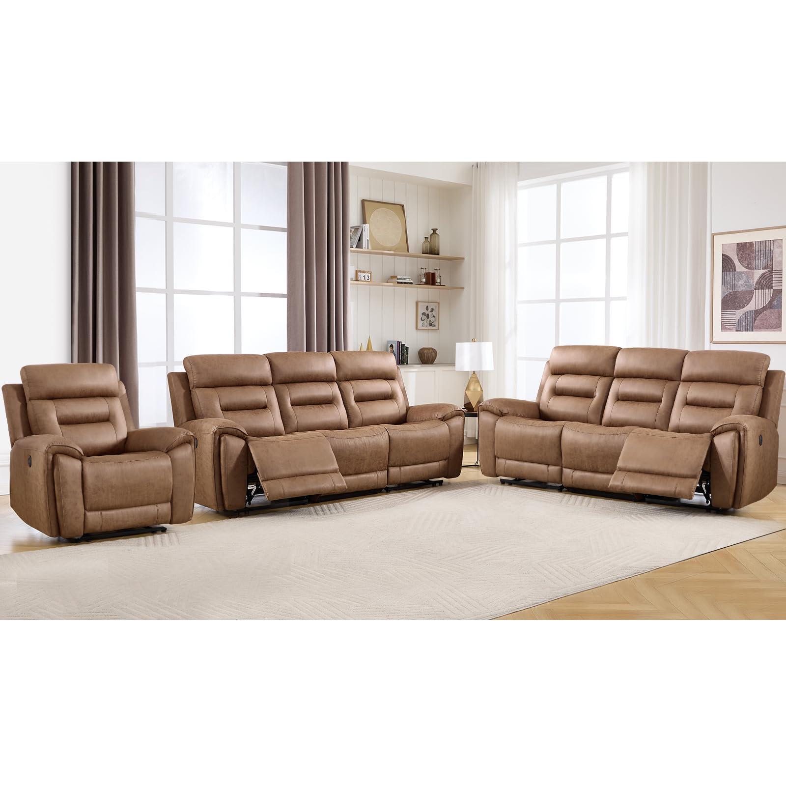 ANJ 3-Piece Faux Leather Power Recliner Sofa Set with USB&amp;Type-C Charging Ports, Include Single Large Recliner Chair and 2 3-Seater Reclining Couches for Living Room, Brown