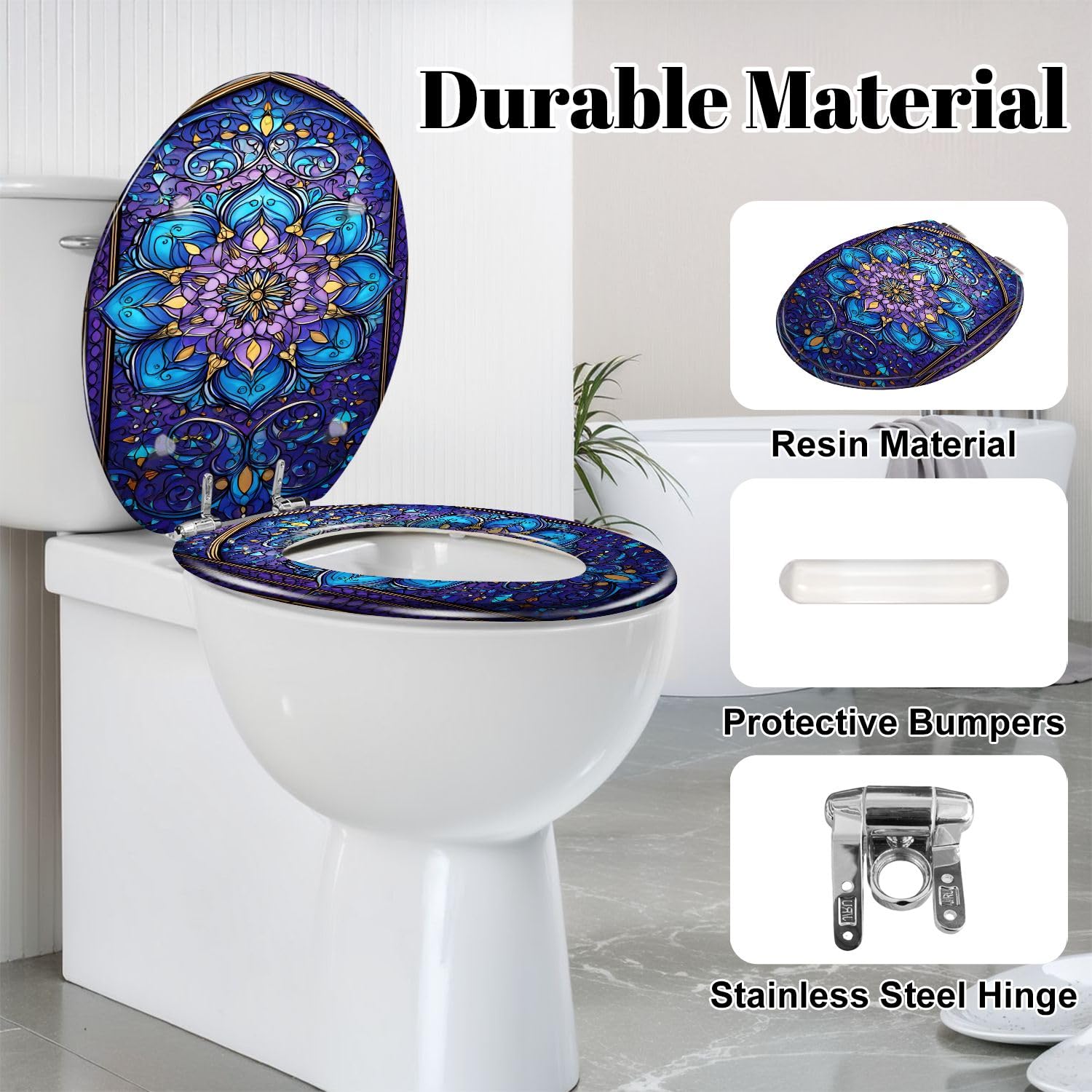 Asiento de inodoro redondo de resina para uso en el baño.