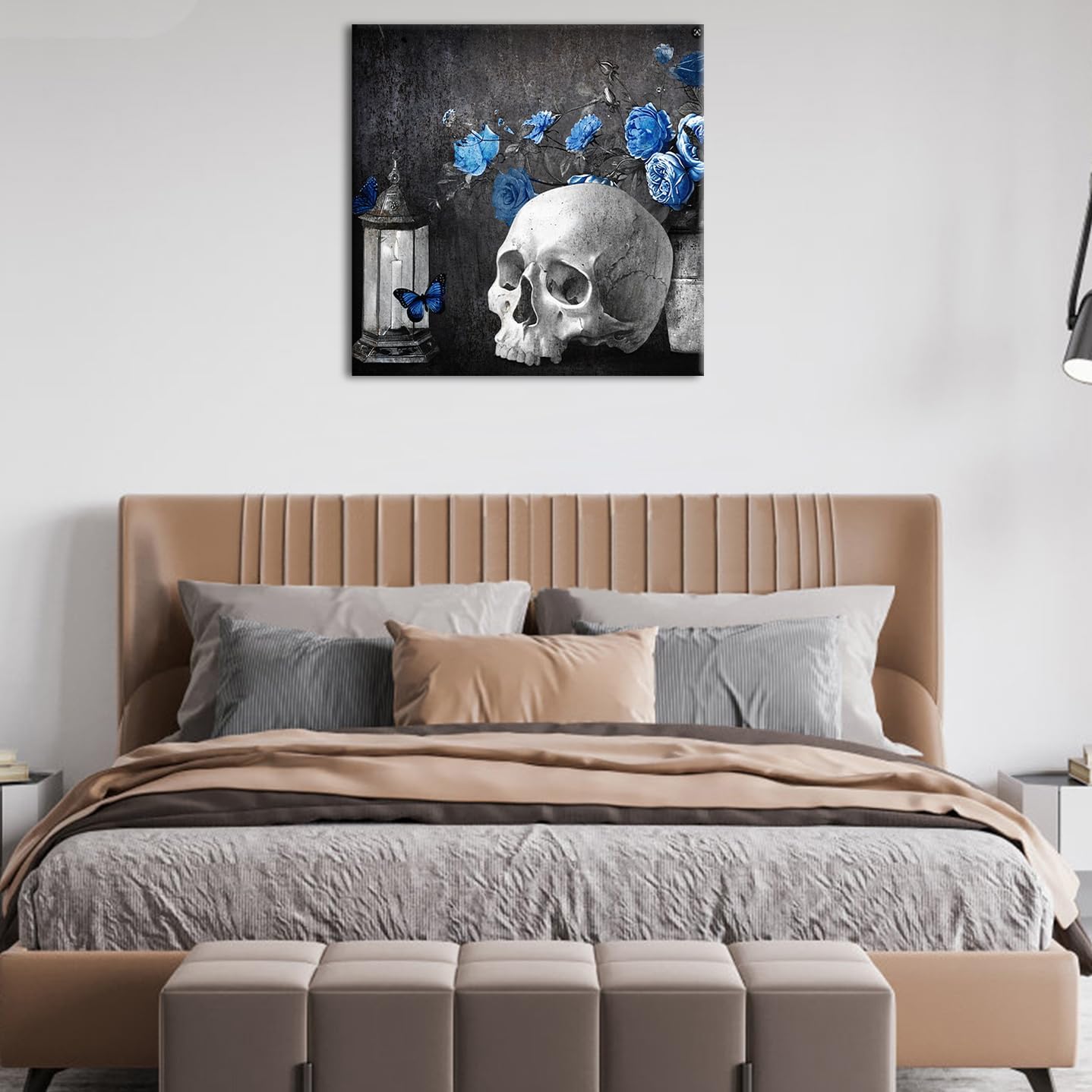 ChaudArt Human Skull Head Canvas Wall Art Skeleton with Grey Blue Rose Rustic Art Prints for Vintage Artwork Home Bedroom Living Room Halloween Day Decoration Stretched and Framed
