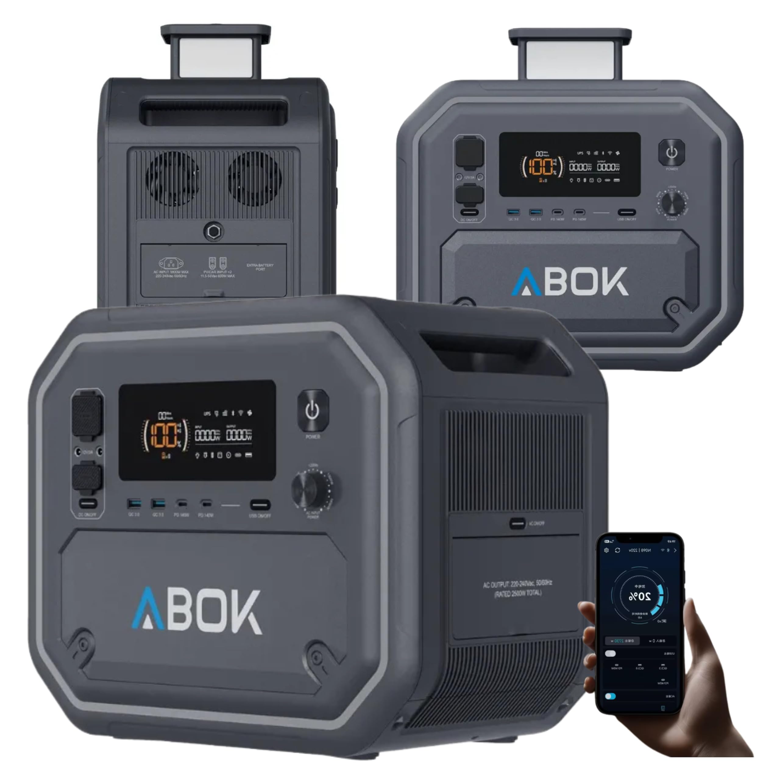 ABOK ARK2800 Station d'alimentation 2160 Wh LiFePO4, générateur solaire 2800 W, double entrée solaire 1200 W, stockage d'énergie portable avec application et onduleur pour camping, balcon