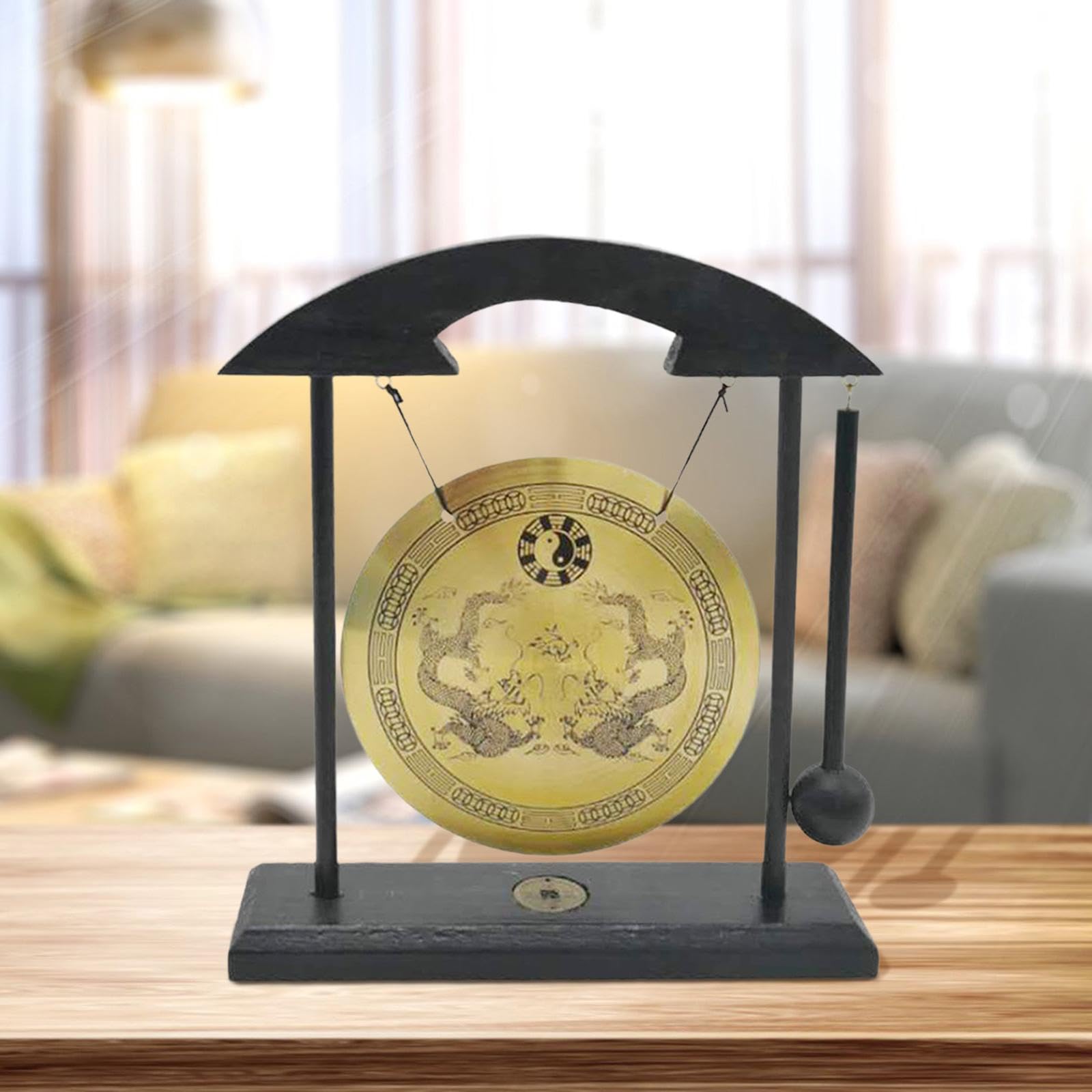 perfk Cuivre Gong Ornement Asiatique Gong Cloche Mini Carillons Éoliens En Laiton Feng Shui Bureau Gong Chinois Cuivre Gong avec Support pour Table Extérieu, Style b