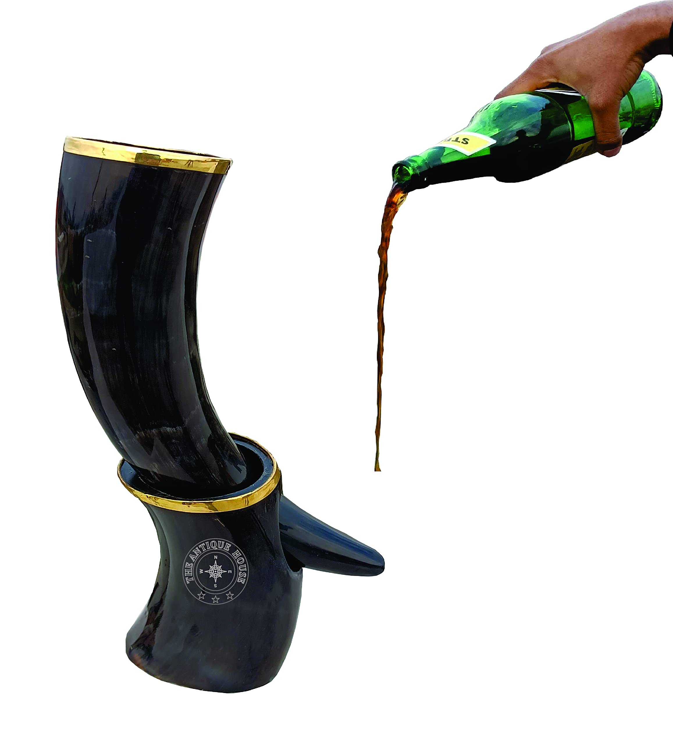 100% Natural Viking Drinking Horn Mug With Stand Double Brass Trim Viking Style Beer Wine Mead Mug Christmas Gift