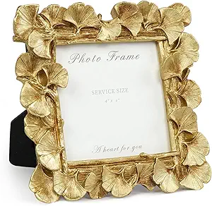 4x4 Picture Frame Small Gold Frames, Vintage Ornate Leaf Textured Hand-Crafted Resin with Glass Front, Antique Photo Frame for Tabletop Display, Retro Design Home Decor