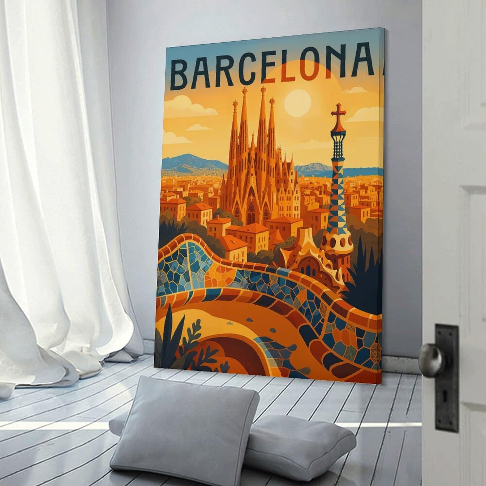 Junmoney Barcelona Travel Room Decor Wall Art, 24x36inch(60x90cm), for Gallery Wall Decor And Room Displays, Decorative Artwork with Flexible Styling