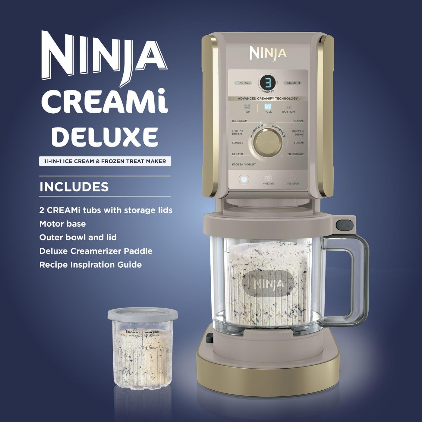 Ninja CREAMi Deluxe Eismaschine und Frozen Dessert Maker mit 3 Dosen, 10 Funktionen, macht Eiscreme Slushi und mehr, 2-in-1 Geschmacksoption, Stone Gold, NC501UKSTGD