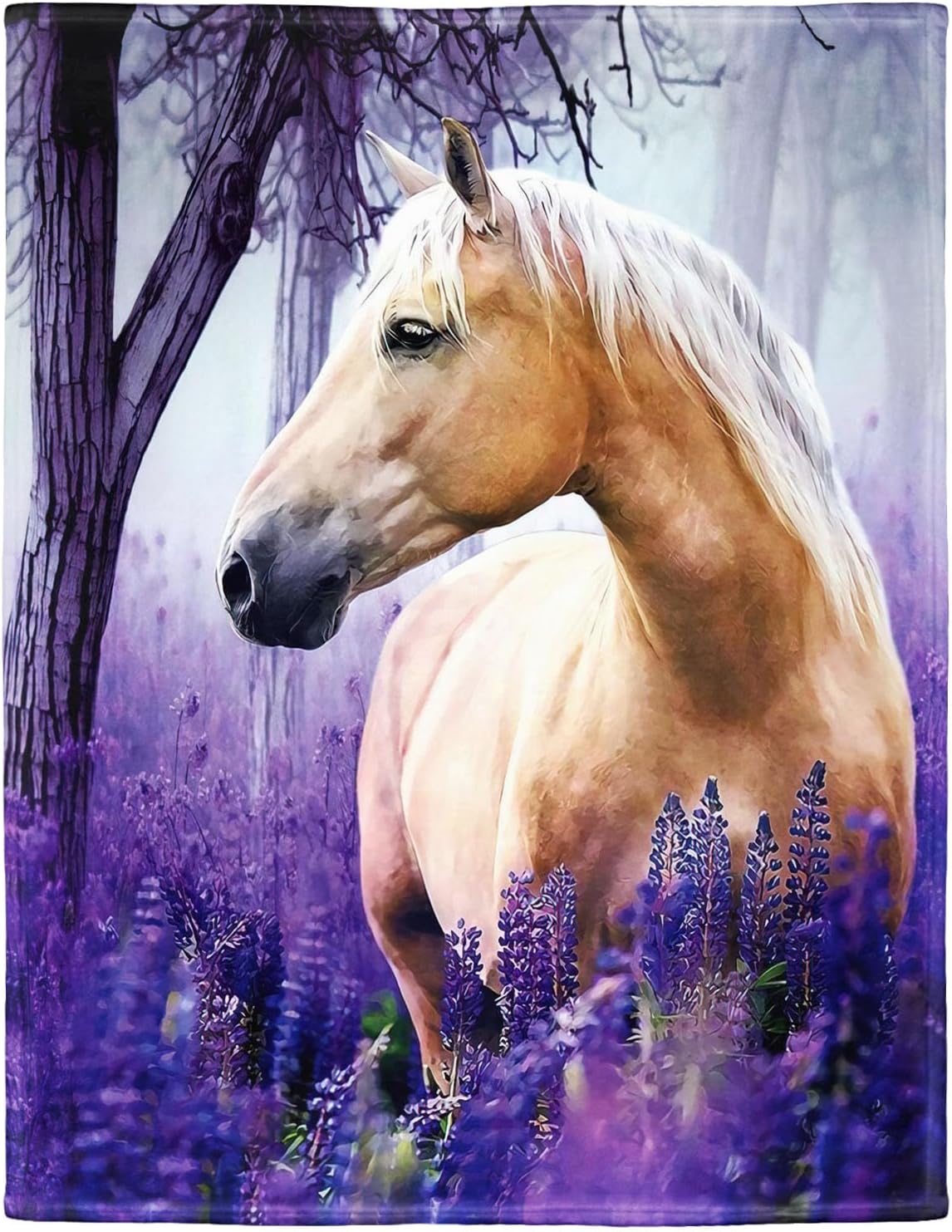HommomH 50"x80" Palomino Horse Blanket with Purple Lavender, Super Soft Fleece Throw Blankets for Girls Women
