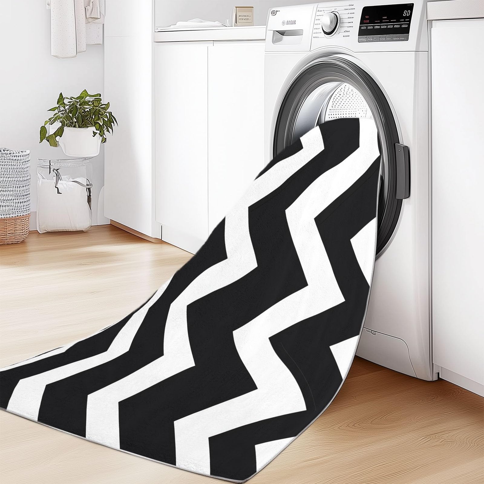 Générique Géométrie Vague Lavable Tapis 140 x 200 cm Tapis Poils Courts antidérapant, Doux Antidérapant Motif À Rayures Ondulées Noir et Blanc pour Chambre à Coucher Salle à Manger Salon