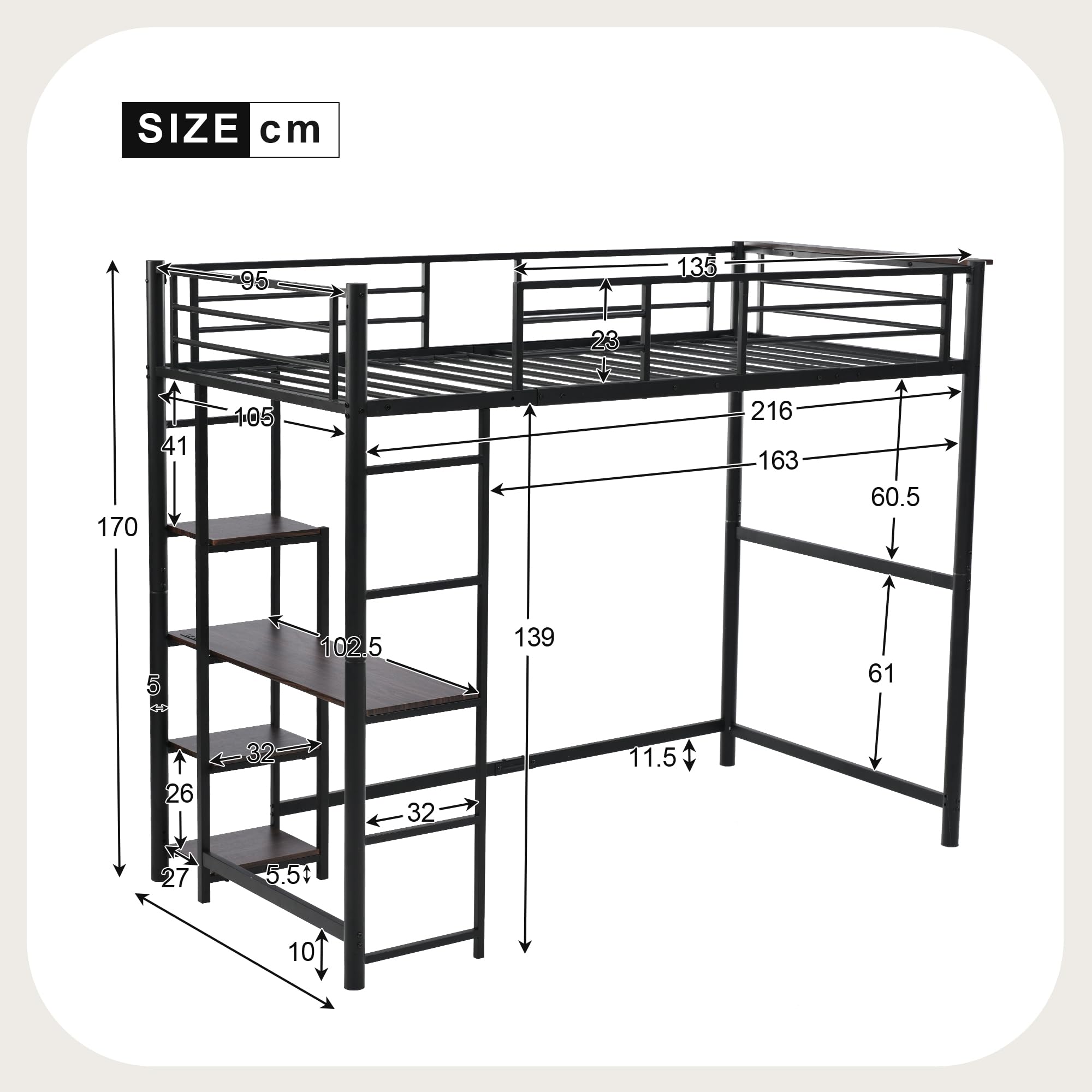 Amazon｜ロフトベッド デスク付き シングル ホワイト 高さ170cm