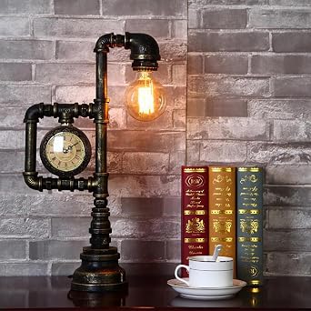 Steampunk Table Lamp, Creative Water Pipe Table Lamp with Clock, Vintage Industrial Metal Reading Desk Lamp for Living Room,Bedrooms, Restaurant, Office, Kids Room, Cafe Bar Not Include Bulb