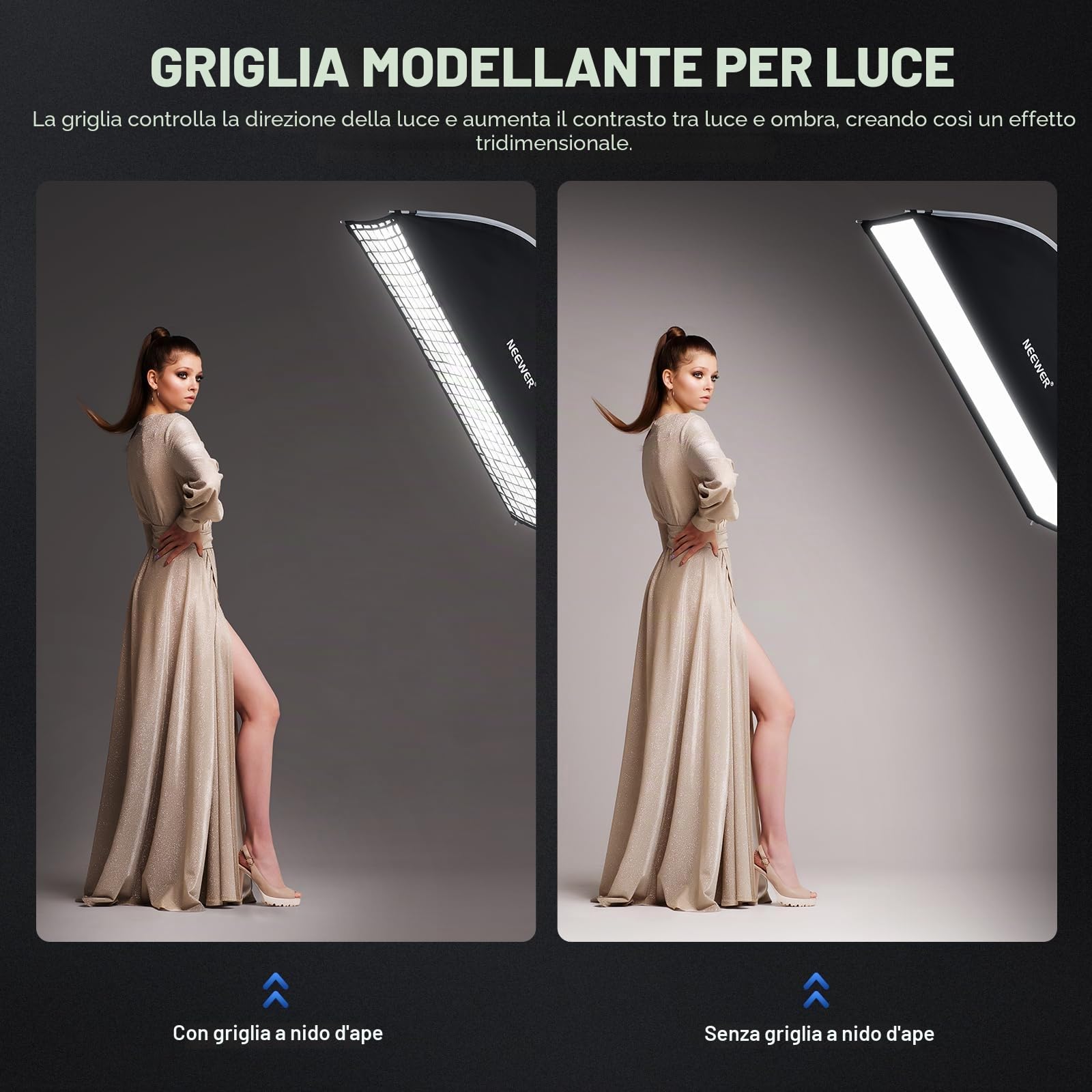 NEEWER Softbox pieghevole rapido da 12" x 47" con striscia rettangolare e supporto Bowens con diffusori/griglia a nido d'ape compatibile con Godox Aputure 120d luci video Q4 flash da studio NS17S