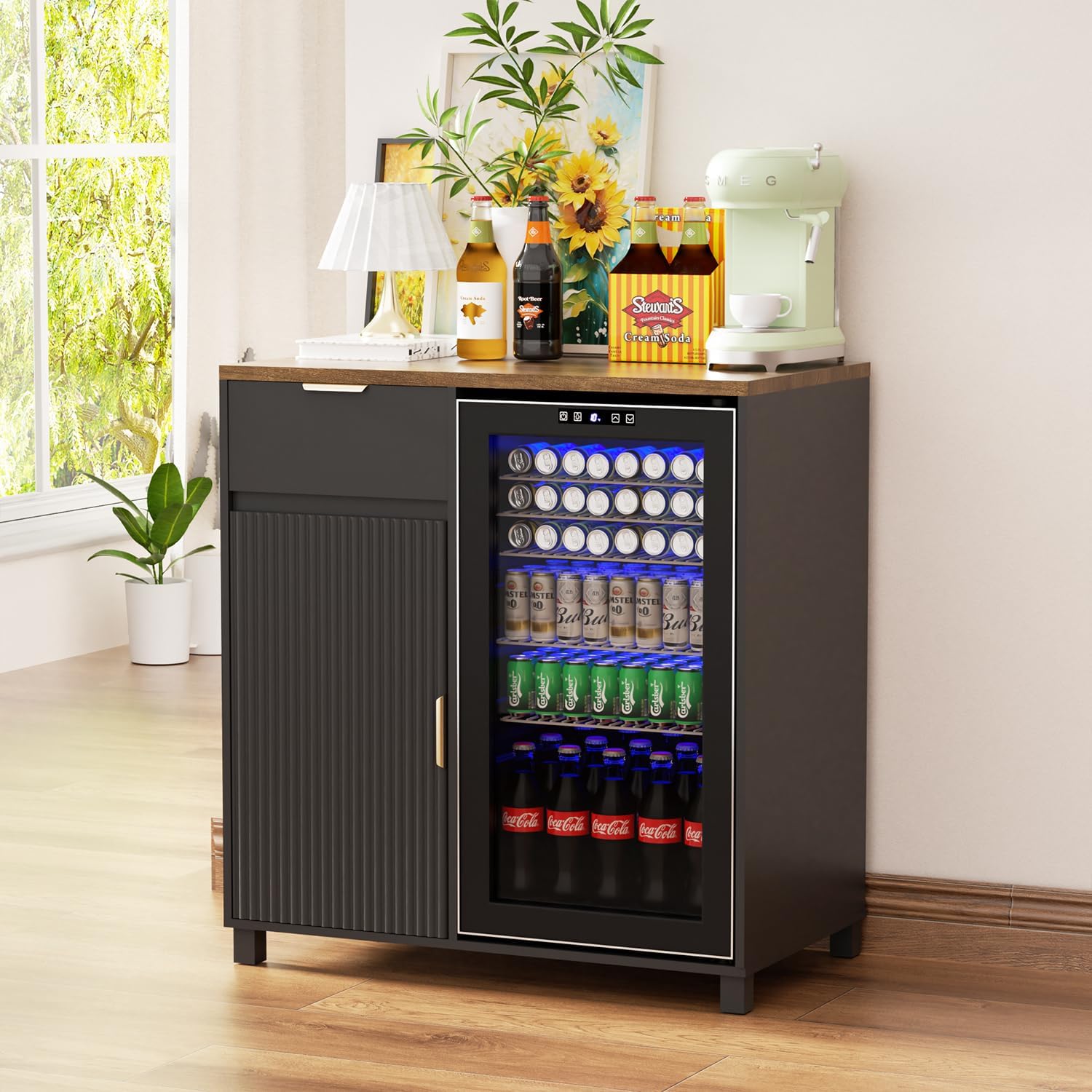 Coffee Bar with Mini Fridge Space, Bar Cabinet with Power Outlet, Liquor Wine Cabinet with Fluted Door and Adjustable Shelf for Dining Room, Living Room, Kitchen