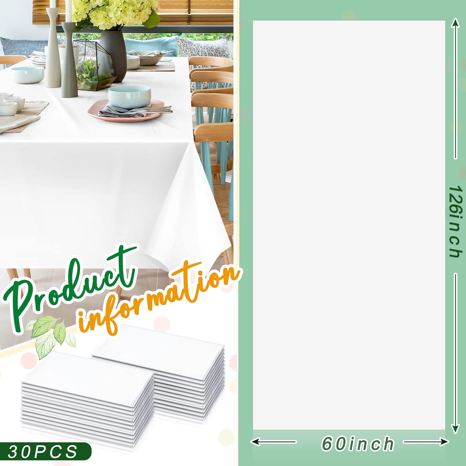Jecery 30 Pack 60x126 Inch White Rectangle Tablecloth Plastic Table Cloths for 8 Foot Rectangle Tables Waterproof Stainproof Table Cover Bulk for Birthday Wedding Banquet Outdoor Party
