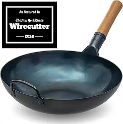 YOSUKATA Frigideira wok de aço carbono azul de 34,3 cm – Wok de fundo plano pré-temperada compatível com fogão, gás, elétrico, cerâmica, fogões de indução - Panela tradicional chinesa para fritar