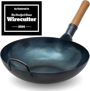 YOSUKATA 13.5” Blue Carbon Steel Wok Pan – Pre-Seasoned Flat Bottom Wok Compatible with open fire, gas, electric, ceramic, induction cooktops -Traditional Chinese Pan for Stir Fry, BBQ, Grill, Camping