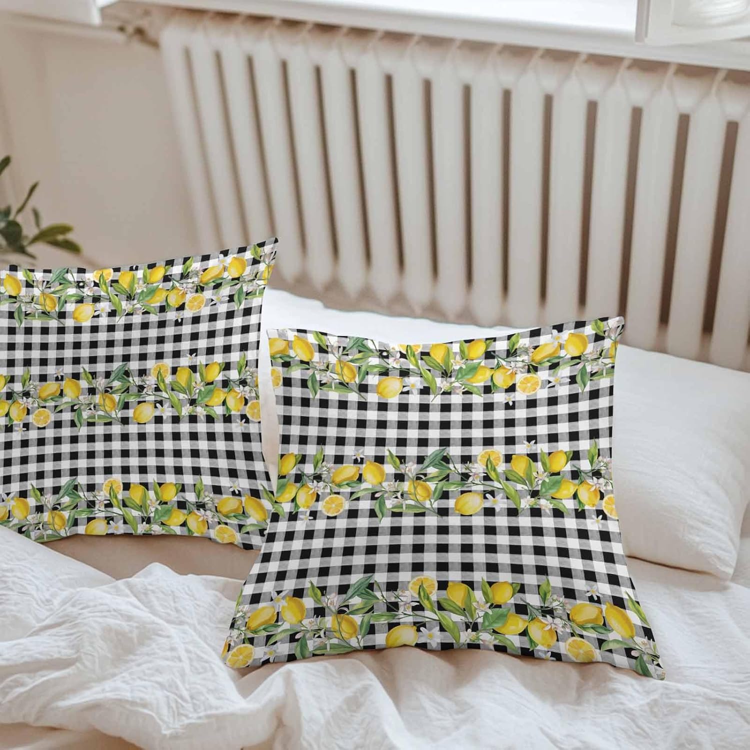Outdoor Waterproof Throw Pillow Cover Summer Yellow Lemons Green Leaf Decorative Pillows Cushion Covers Black White Buffalo Check 2 Pack Pillow Cases for Patio Garden Balcony Couch Sofa 20x20In