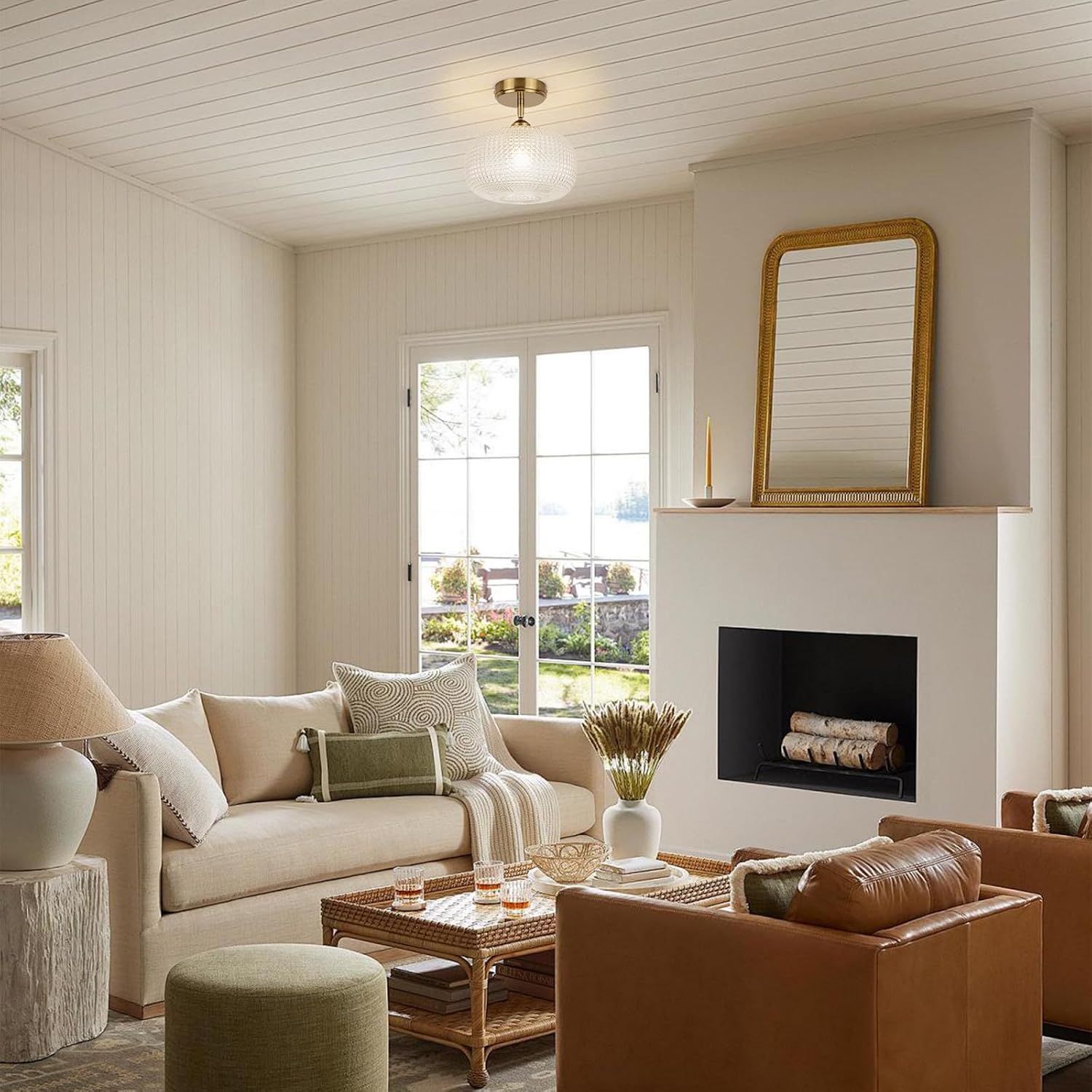 Glass Semi Flush Mount Ceiling Light Fixture, Gold Vintage Globe Lamp, Sloped Ceiling Adaptable, for Hallway, Kitchen, Bedroom, or Entryway, Modern Farmhouse Style Light for Dining Room