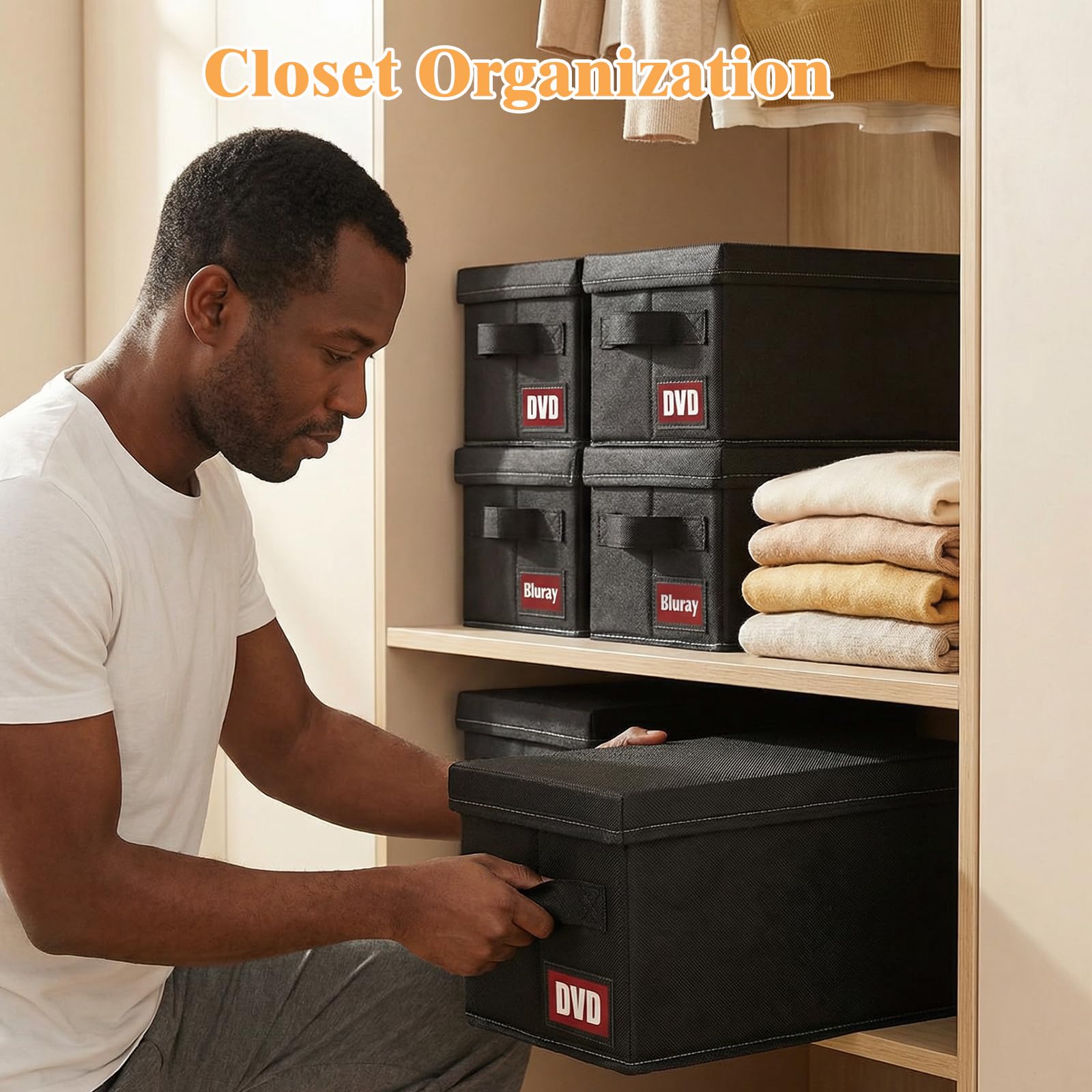 Lot de 4 boîtes de rangement pour DVD avec couvercle, empilables en tissu pouvant contenir jusqu'à 104 DVD (26 chacun), également idéales pour ranger des Blu-ray, des boîtiers de jeux vidéo