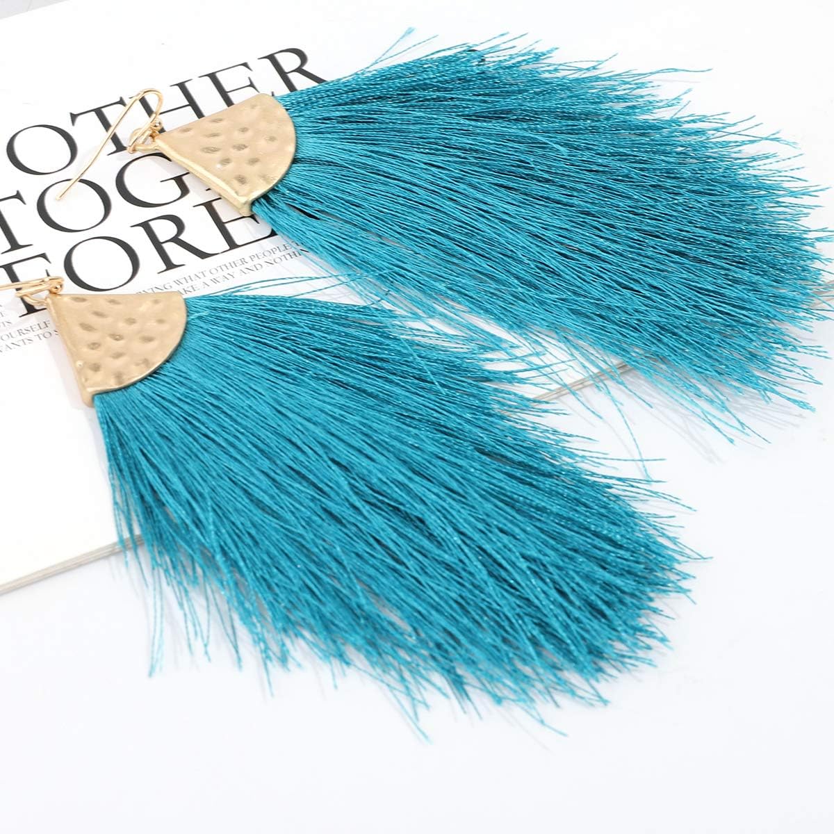 Fringe Feather Earrings for Women - Boho Tassel Jewellery Teal Blue image 4 of 5 B08RL6978Y