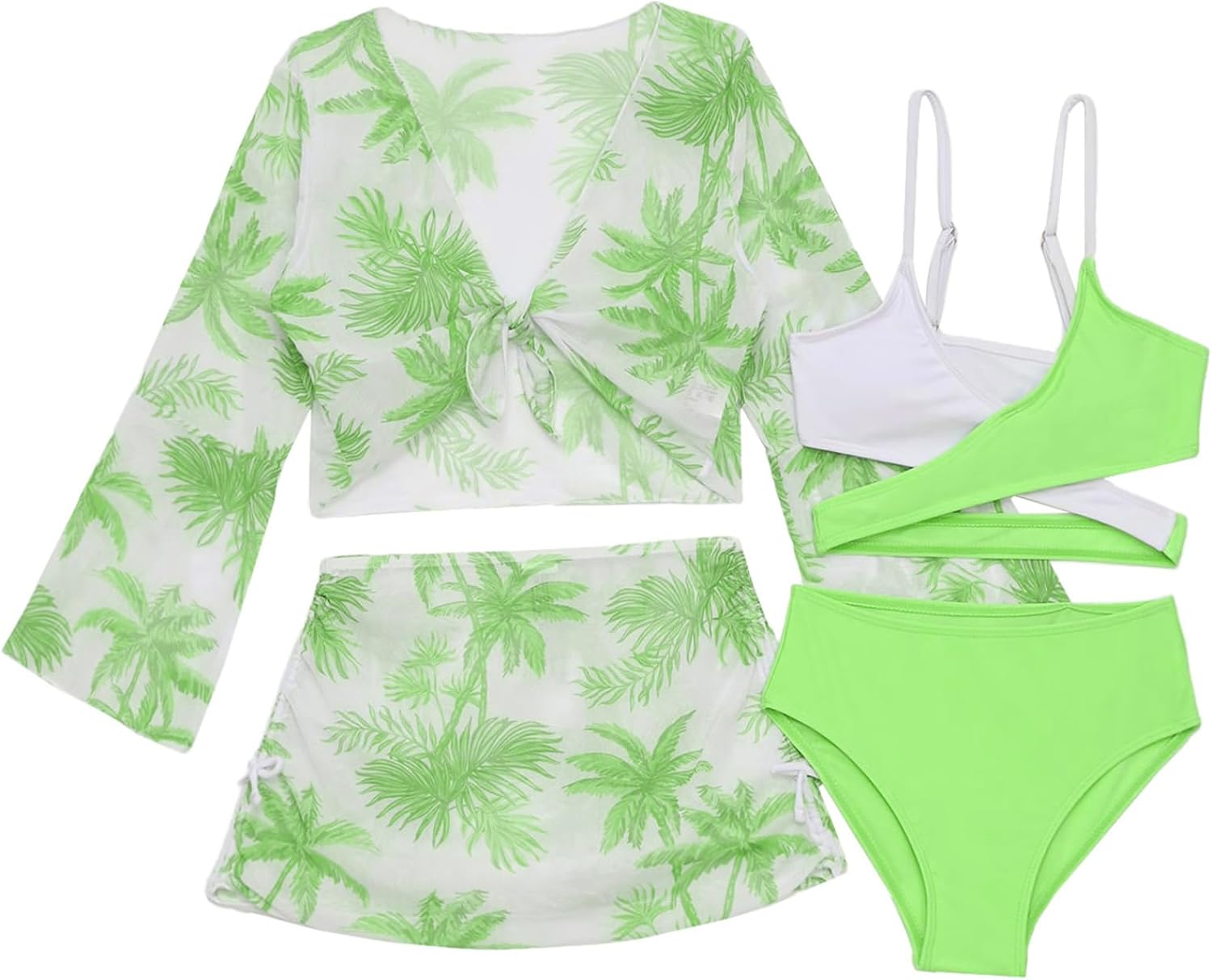 Teen Girls 4 Pcs Swim Cover Up Sets UPF 50+ Wrap Top Skirts Bikini Bra with Brief Swimwear Outfit