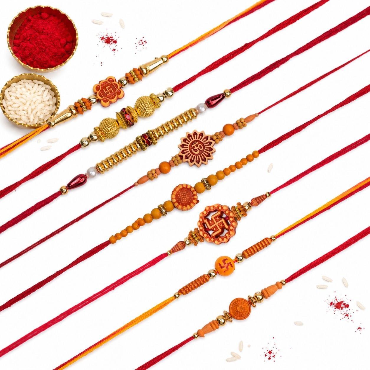Pack of 8 Designer Rakhi for Brother | Handmade Raksha Bandhan Rakhi Set | Combo with Om, Swastik & Religious Raksha Sutra Threads for Bhai & Bhaiya-image-18